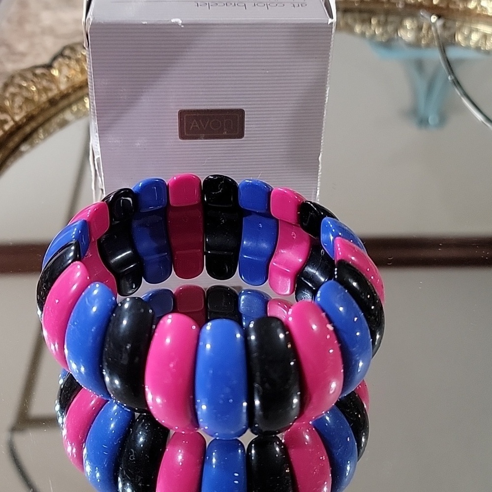 Avon Art Color Stretchy Vintage Bracelet Fuchsia Blue Black